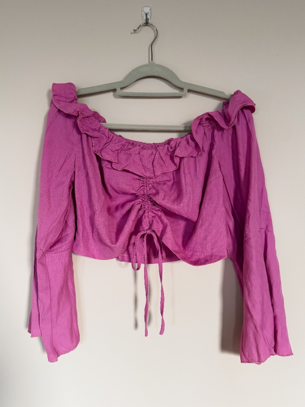 Shein Curve Pink Ruffle Bell Sleeve Off Shoulder Crop Top